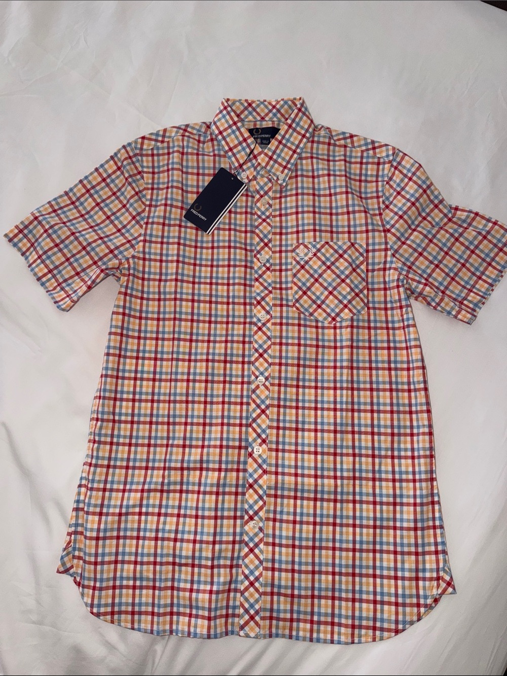 608115 Fred Perry Red Blue Yellow Plaid Short-Sleeve Button-Down SZ S Londo